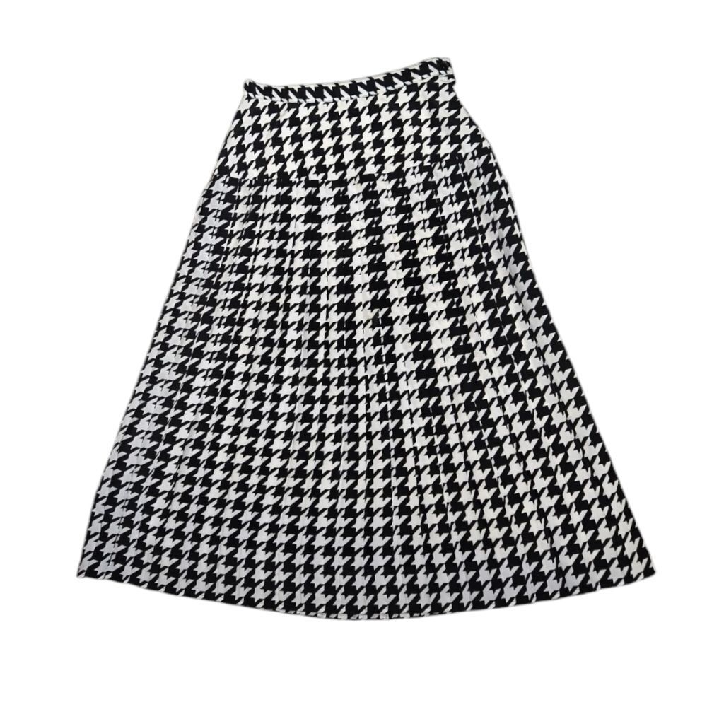 VINTAGE 80s black and white houndstooth pleated midi skirt S